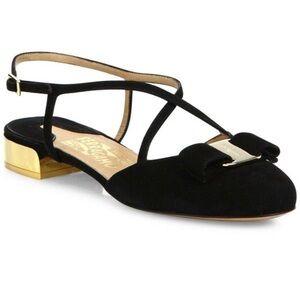 Salvatore Ferragamo Felma Strappy Vera Bow Ballet Flats Suede 7.5 Black Gold